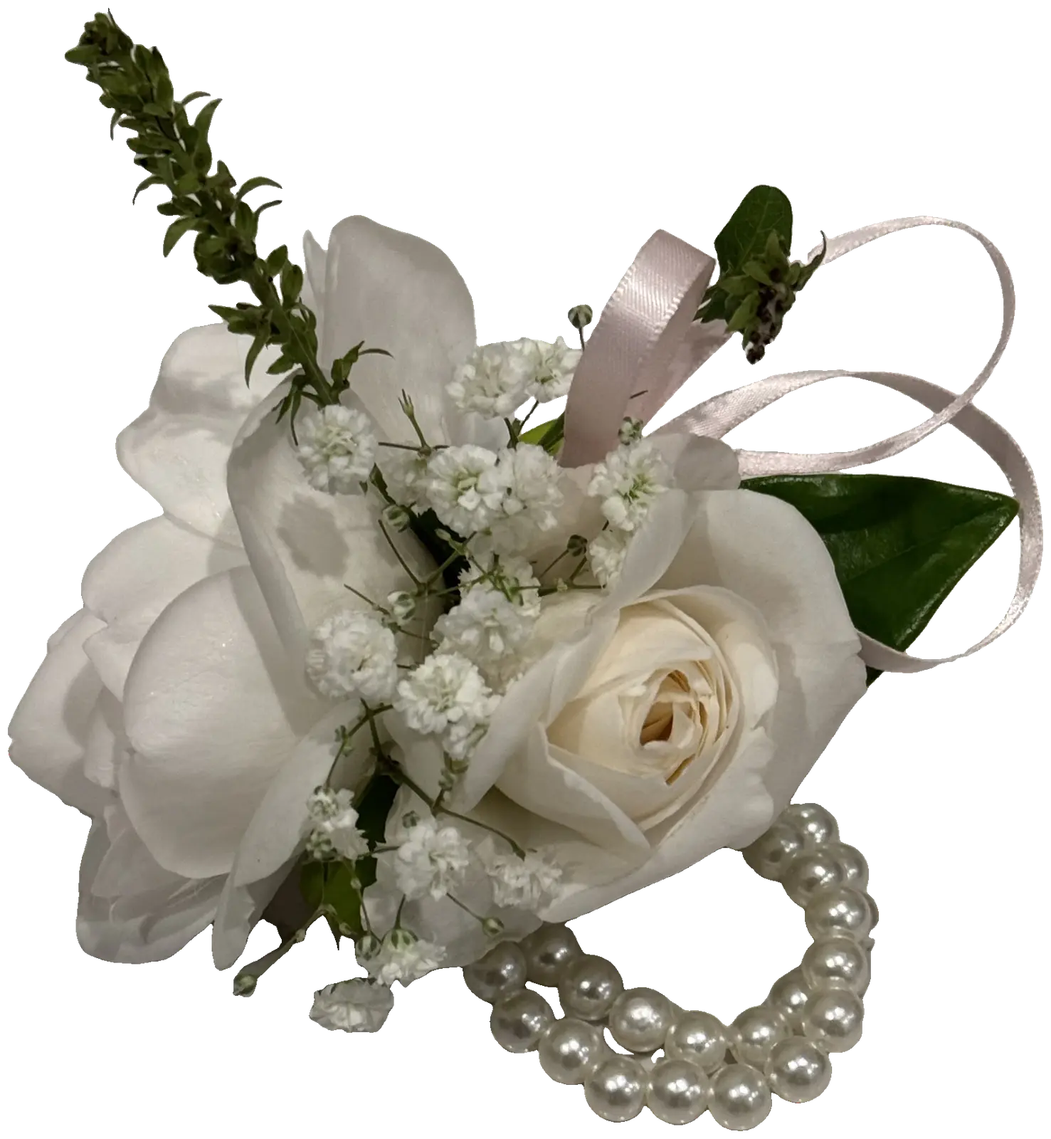 White spray rose corsage with blush ribbon and a pearl band